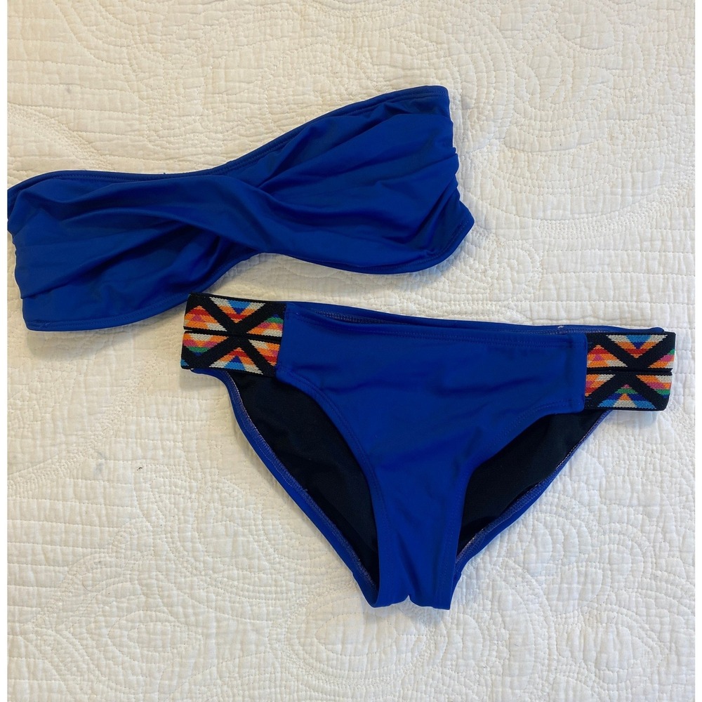 Urban Sea‎ Royal Blue Bandeau Bikini Set Geometric Embroidered Small